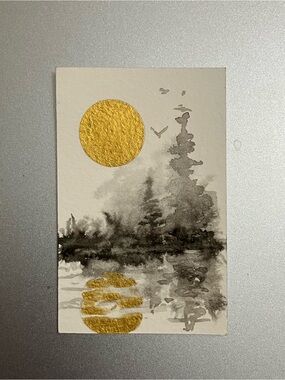 Original sunset landscape miniature realism painting sumi-e style art USA